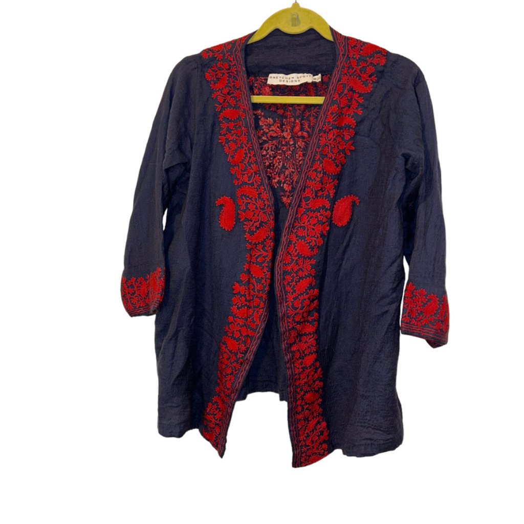 Gretchen Scott Chambray Blue Red Embroidered Paisley Floral Cardigan Top
